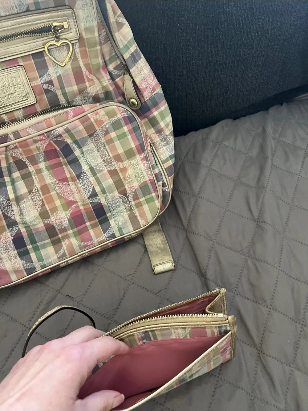 Coach Pink Green Plaid Signature Backpack with Wallet - Picture 4 of 11